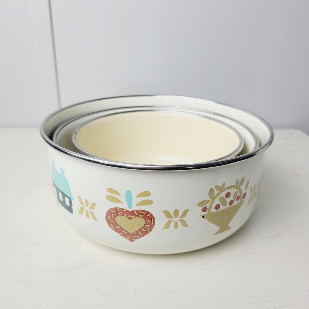 Vintage Kobe Enamelware Nesting Bowls Mixed Designs Retro Kitchen Pots